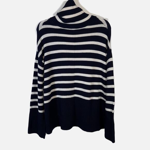 GAP NWT 24/7 Split‑Hem Stripe Turtleneck Sweater Women’s Medium 100% Cotton Navy - Picture 5 of 12